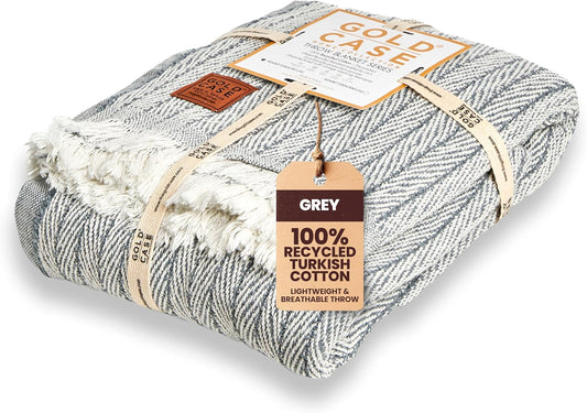 Gold Case Throw Blanket for Couch - 100% Recycled Turkish Cotton Blankets & Throws - Vintage Soft Throw Blankets for Living Room - Boho Decorative Woven Couch Blanket - 50x60 - Grey