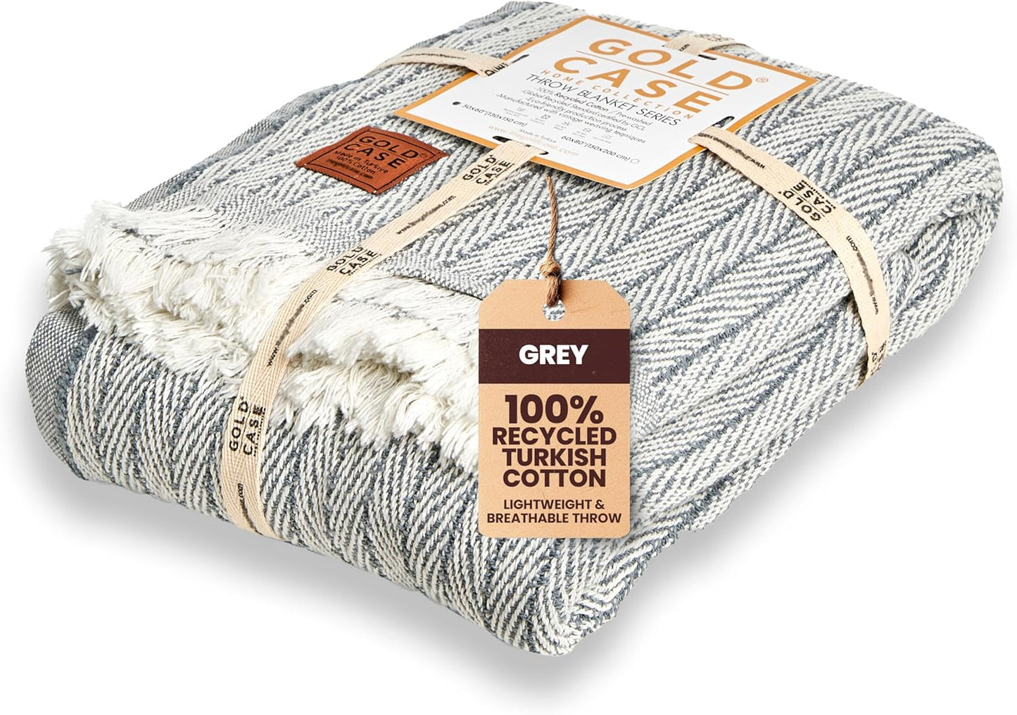 Gold Case Throw Blanket for Couch - 100% Recycled Turkish Cotton Blankets & Throws - Vintage Soft Throw Blankets for Living Room - Boho Decorative Woven Couch Blanket - 60x80 - Grey