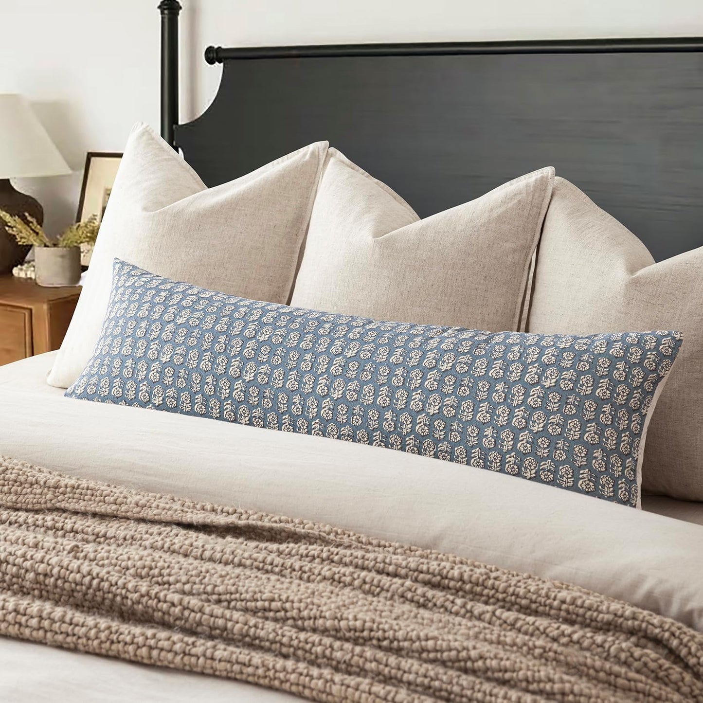 Foindtower Set of 2 Decorative Neutral Body Lumbar Throw Pillow Covers Vintage Accent Farmhouse Cushion Covers Floral Home Decor for Sofa Couch Chair Bedroom Living Room,14×36 Inch,Dusty Blue