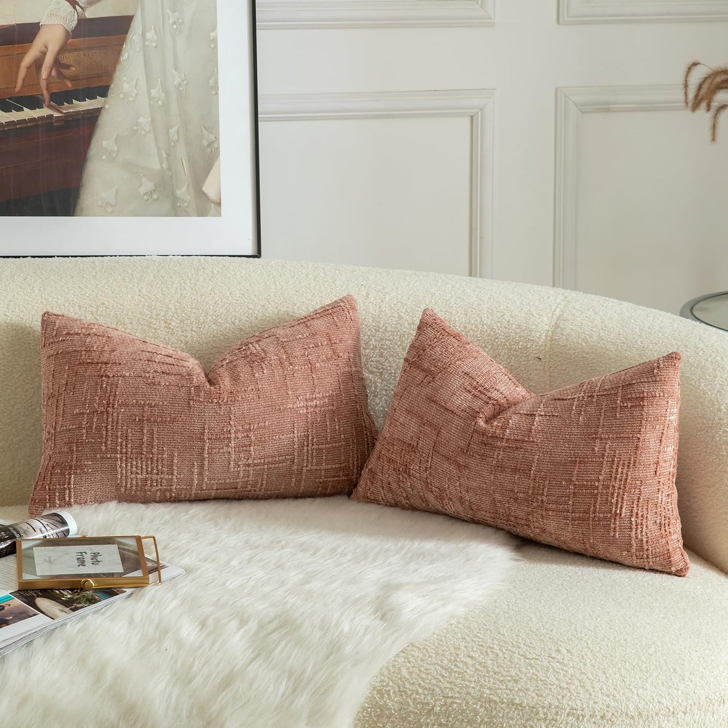 MANDIOO Pack of 2 Soft Chenille Textured Throw Pillow Covers Lumbar Accent Solid Decorative Cushion Cover Cozy Farmhouse Pillow Case for Couch Sofa Bed Living Room 16x24 Inch Dusty Pink