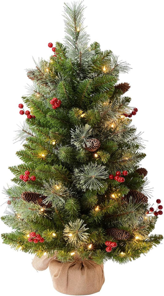 3ft Pre-lit Artificial Christmas Tree with 70 Warm White Lights, Flocked with 12 PineCones,12 Red Berries Green