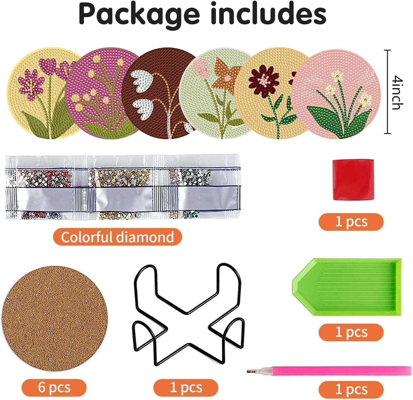 DOTSOPS 6Pack Diamond Art Coaster with Holder 5D Diamond Painting Kits for Adults Round Full Drill Beginners Gem Dots Craft Arts Supplies Party Home Decor Flower