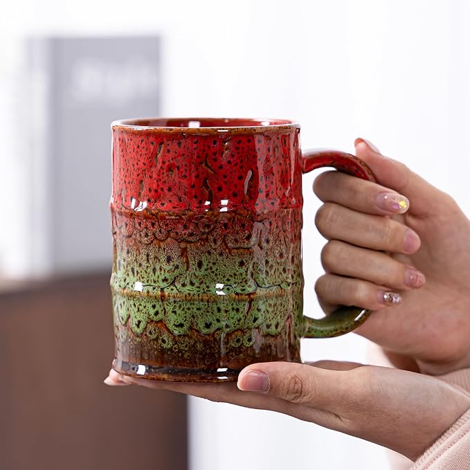 20 Oz Coffee Cups-Beer Mug, Large Ceramic Coffee Mugs, Handmade Pottery Mug, Tea Cups with Handle for Office and Home, Dishwasher and Microwave Safe (Yellow & Red)