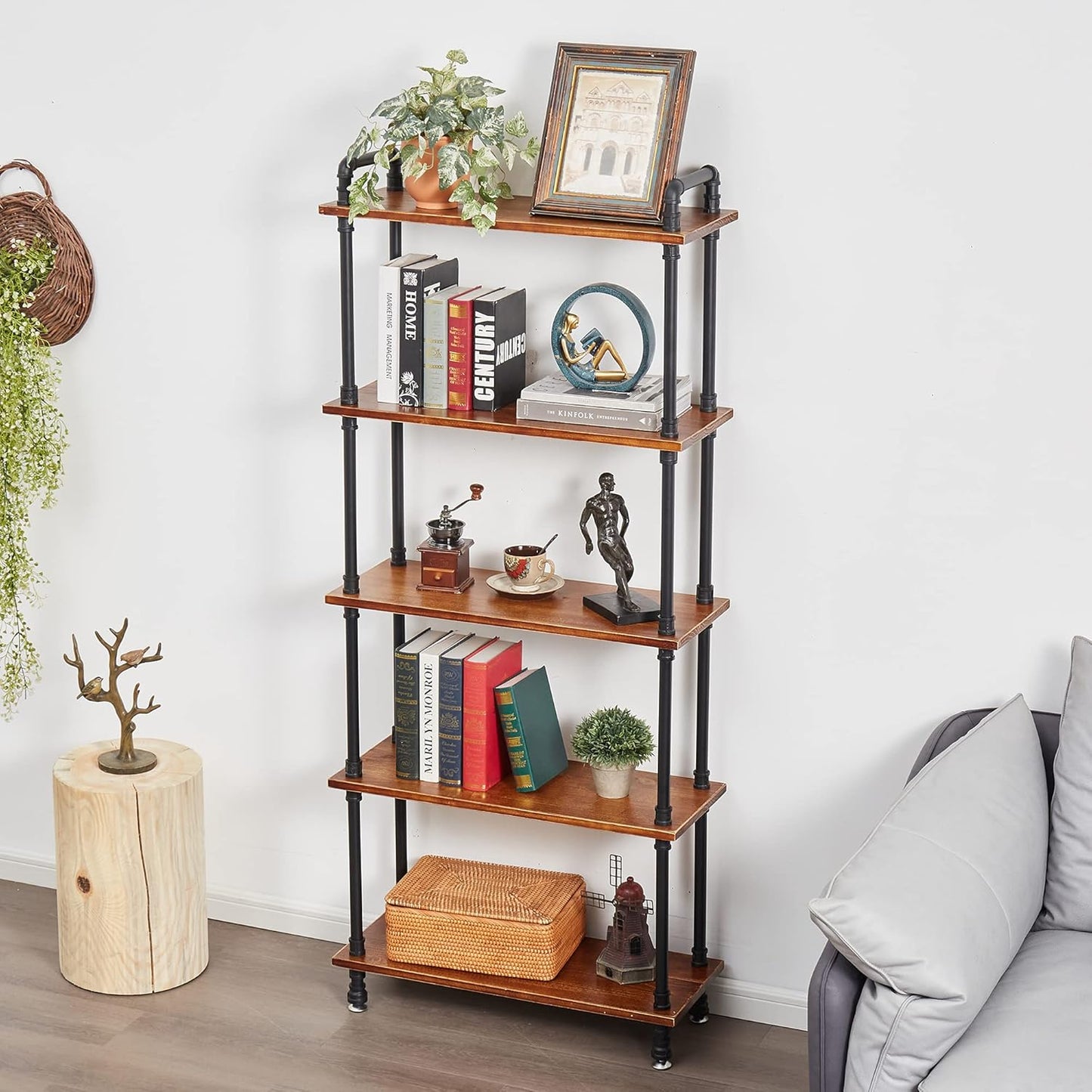Industrial Bookshelf, 5 Shelf Bookcase, Rustic Brown Pipe Shelving (29.5" L x 11.8" W x 70" H)