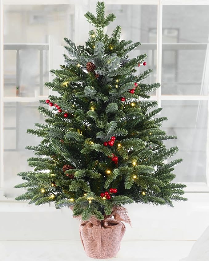 3ft Pre-Lit Premium Artificial Christmas Tree with 80 LED Lights Frazer Fir Mini Xmas Trees, Cement Burlap Base Basin, for Home Tabletop, Green