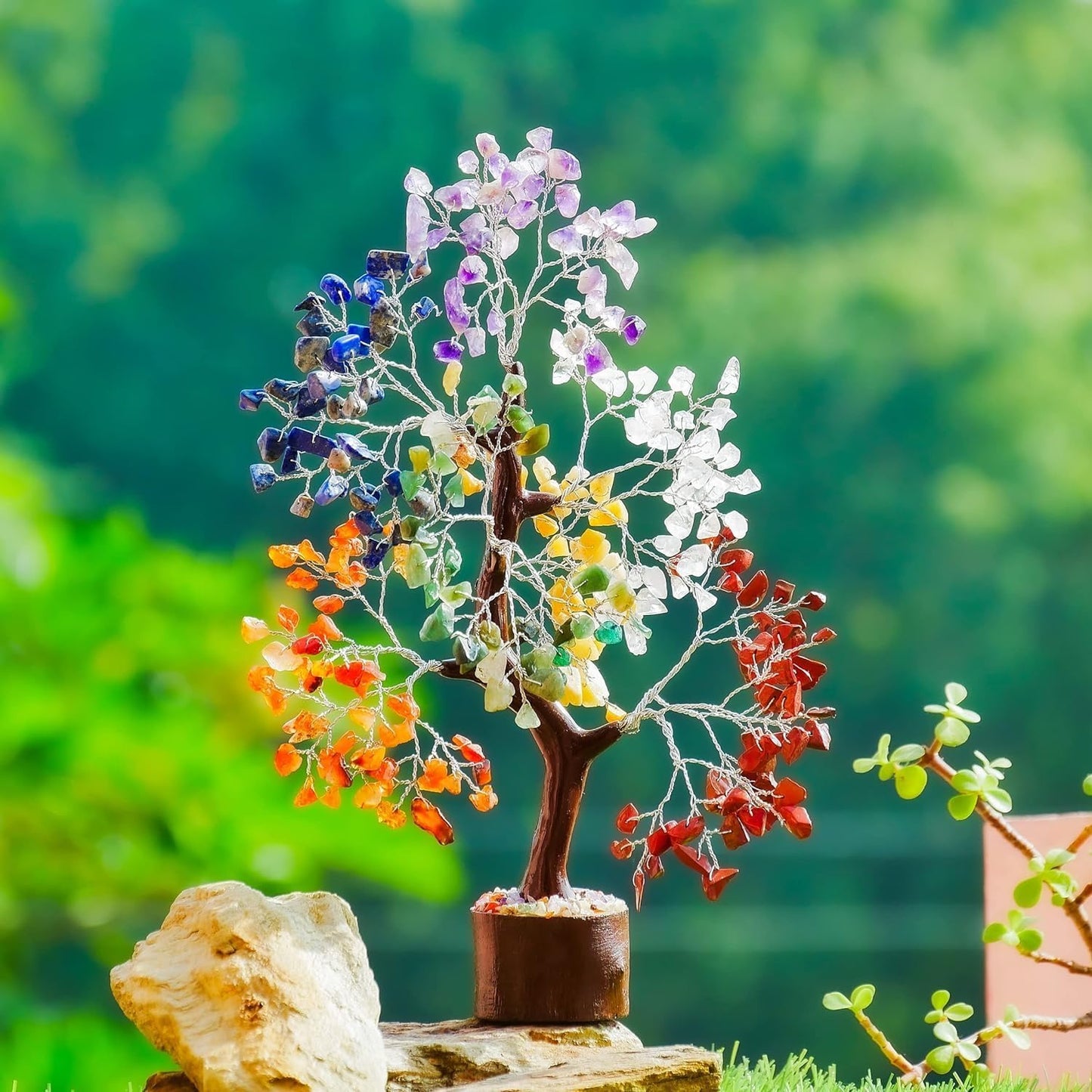 Crystal Chakra Tree for Reiki Healing - Premium Meditation Decor - Seven Chakra Tree Wrapped On Silver Wires - Feng Shui Bonsai Money Tree of Life Decor Home Office Crystal Gifts