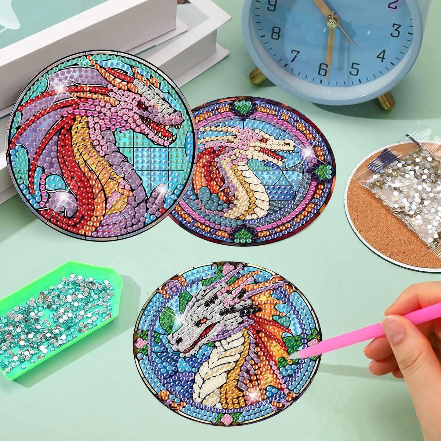 Meothan 8 Pcs Diamond Art Coasters Kits for Adults with Holder Cork Pads, Dragon Diamond Dots Art Painting Coasters Crafts Kit for Home Office Decor (Stained Glass Style)