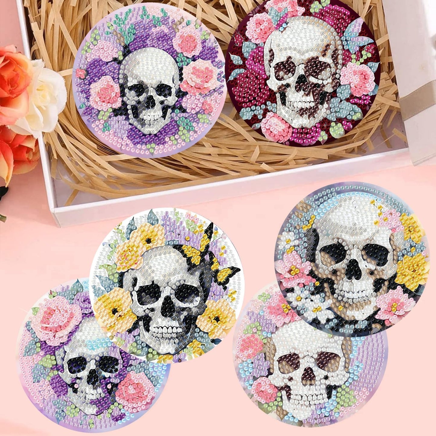 Meothan 8 Pcs Diamond Art Coasters Kits for Adults with Holder Cork Pads, Skull Flowers Diamond Dots Art Painting Coasters Crafts Kit for Home Office Decor (4x4in)