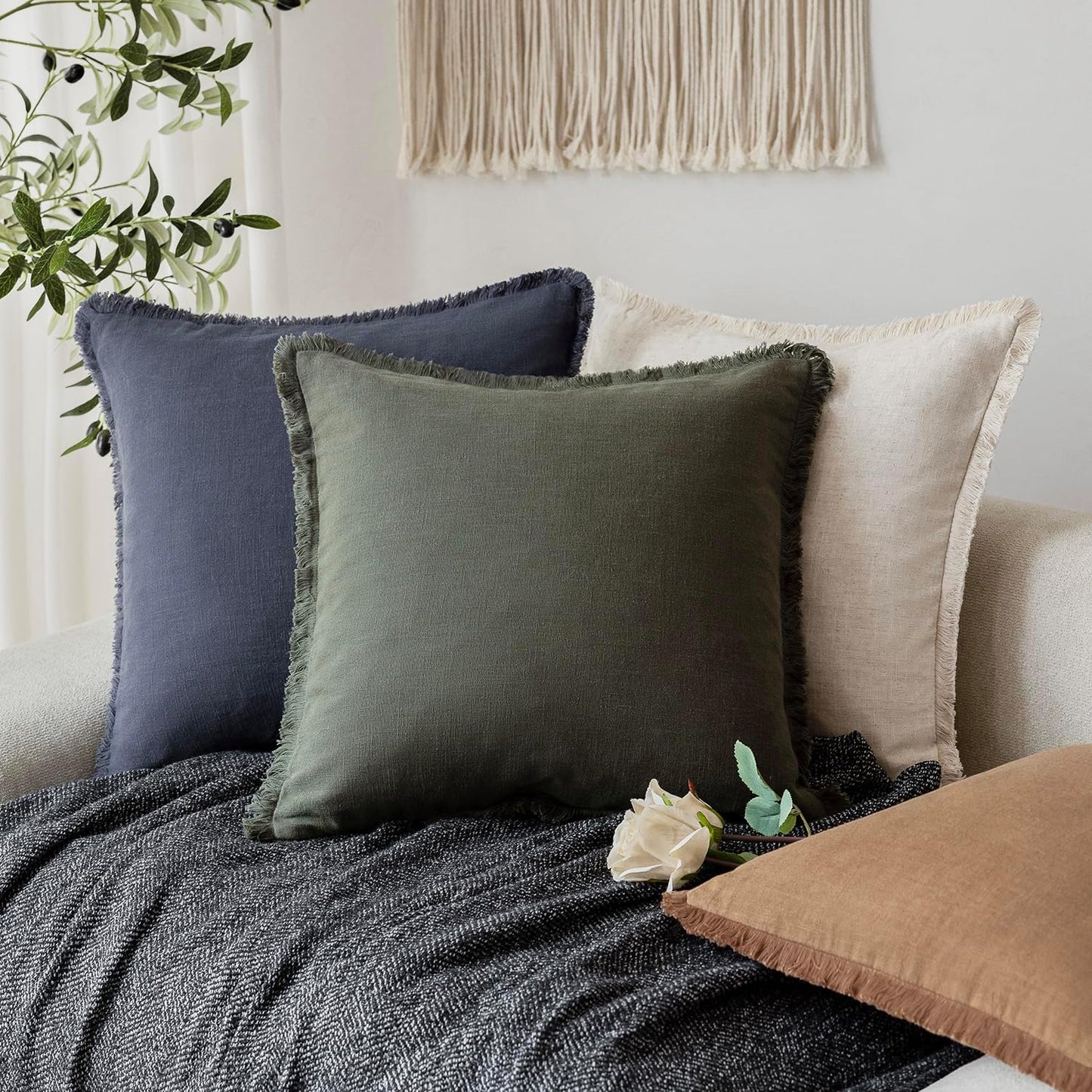 Foindtower Decorative Linen Fringe Throw Pillow Covers Cozy Boho Farmhouse Cushion Cover with Tassels Soft Accent Pillowcase for Chair Sofa Bed Living Room Home Decor, 26×26 Inch, 1PC,Dark Olive Green