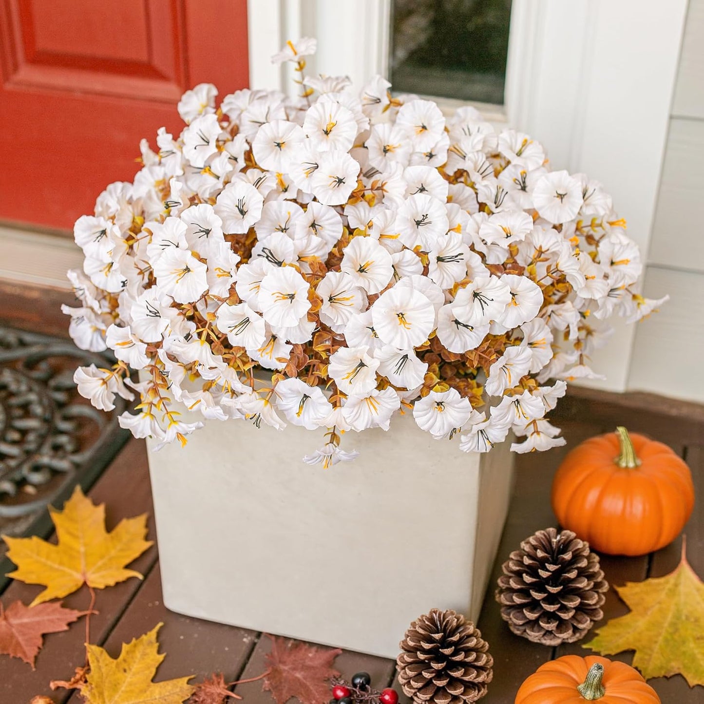 Fake Mums Fall Artificial Flowers Plants for Outdoors Autumn Decoration, 12 Bundles White Silk Morning Glory with Eucalyptus Realistic UV Resistant Faux Flowers for Outside Planter Yard Garden Porch