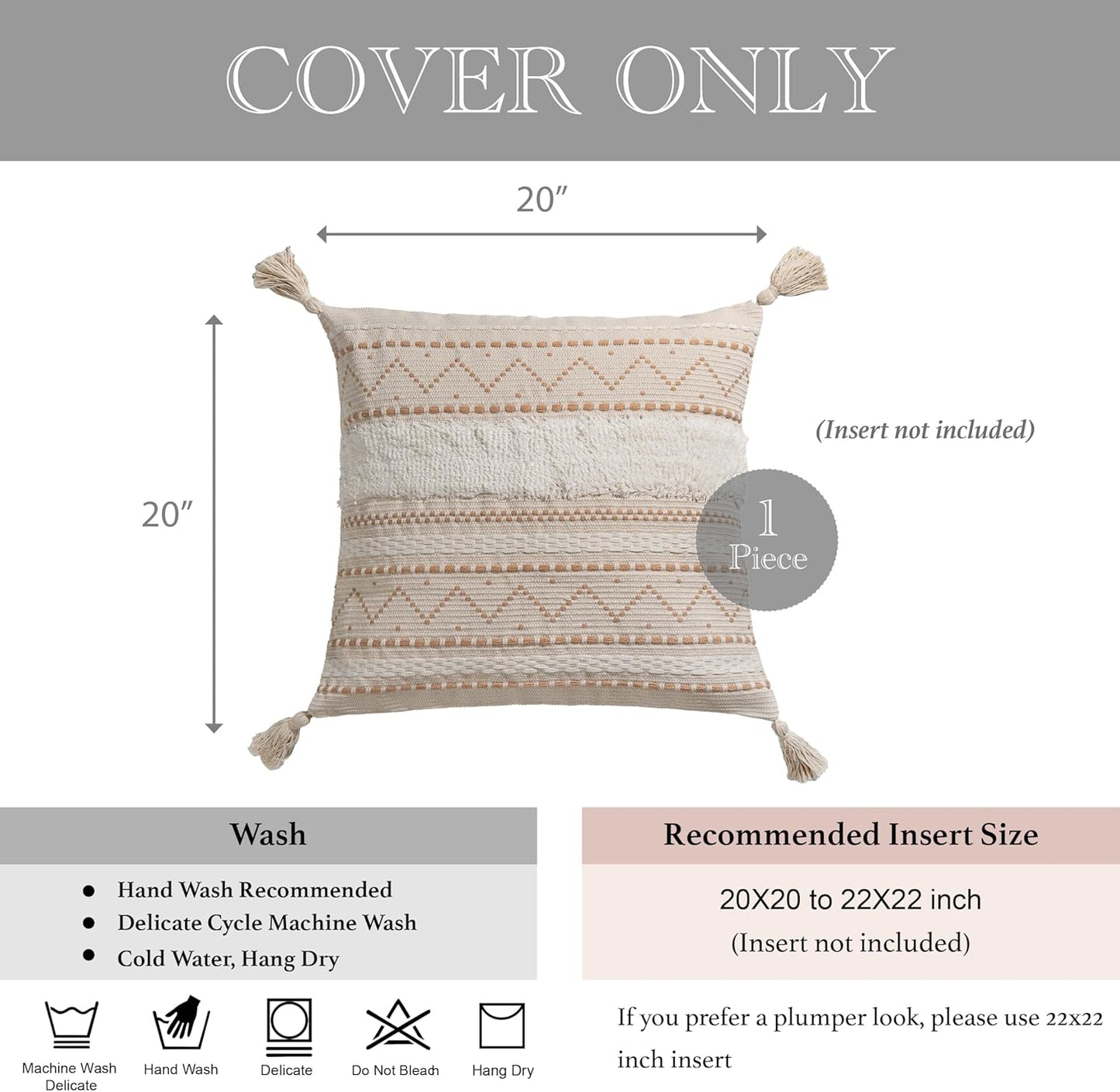 BlissBlush Decorative Throw Pillow Cover 20x20 Square Cream Neutral White Boho Accent Pillowcase Tassels Farmhouse Cushion for Couch Sofa Bedroom Living Room Home Décor (Cover ONLY, Pack of 1)