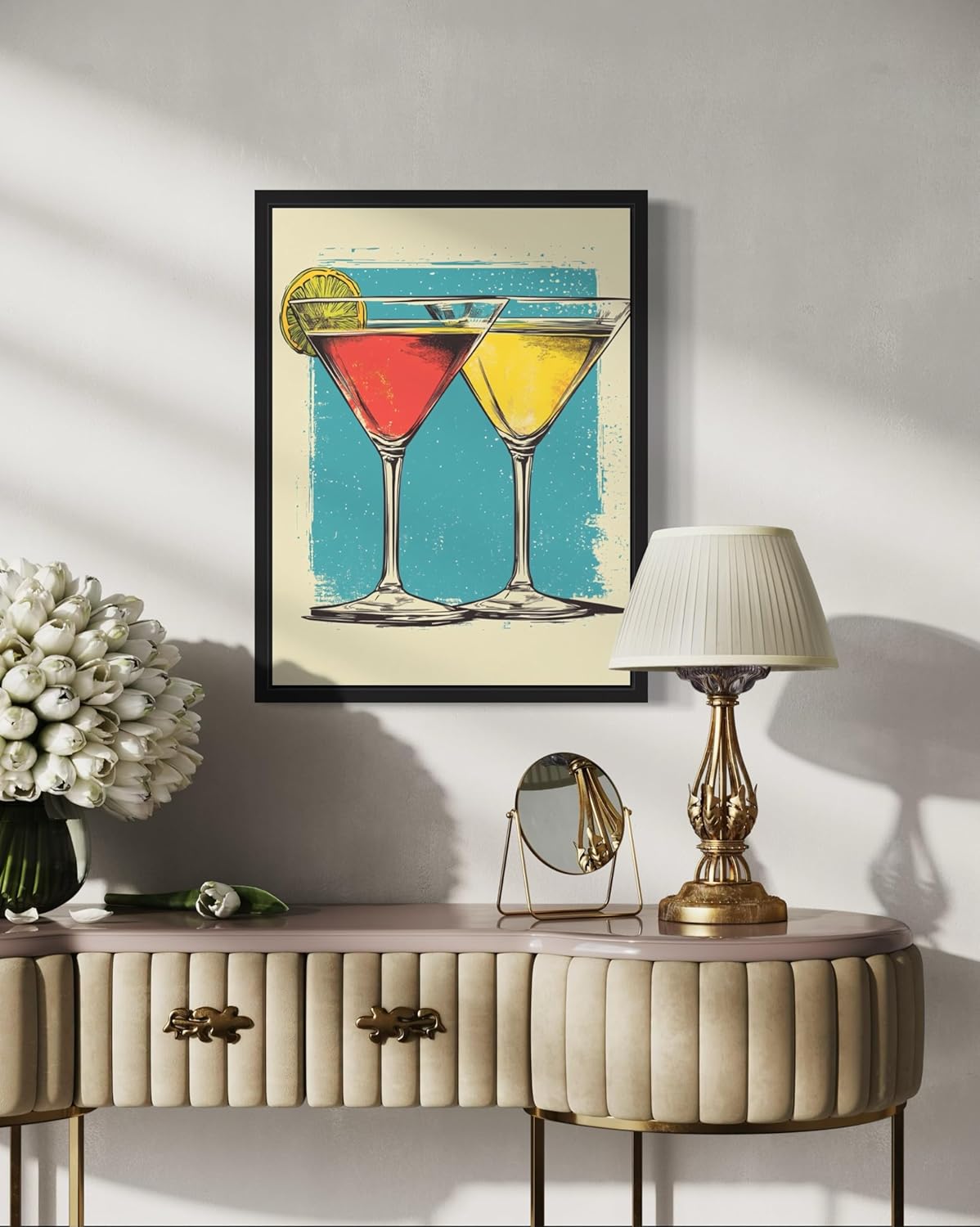 Martini Glasses Pop Art Poster Print, Vintage Retro Wall Art Decor Paintings Classic Artwork for Bedroom Living Room Decorations. (Martini Glasses, 16x20 inches + (Black Frame))