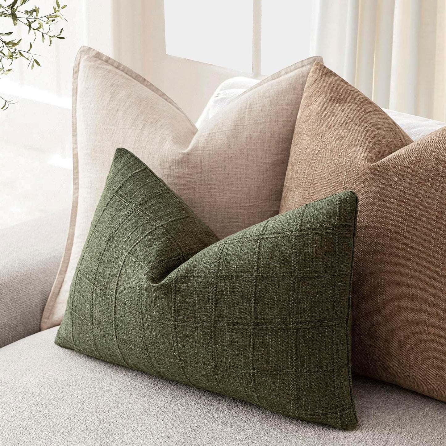 Foindtower Set of 2 Decorative Linen Check Throw Pillow Covers Neutral Farmhouse Lumbar Cushion Covers Modern Boho Home Decor for Sofa Chair Couch Bedroom Living Room,12×20 Inch,Olive Green