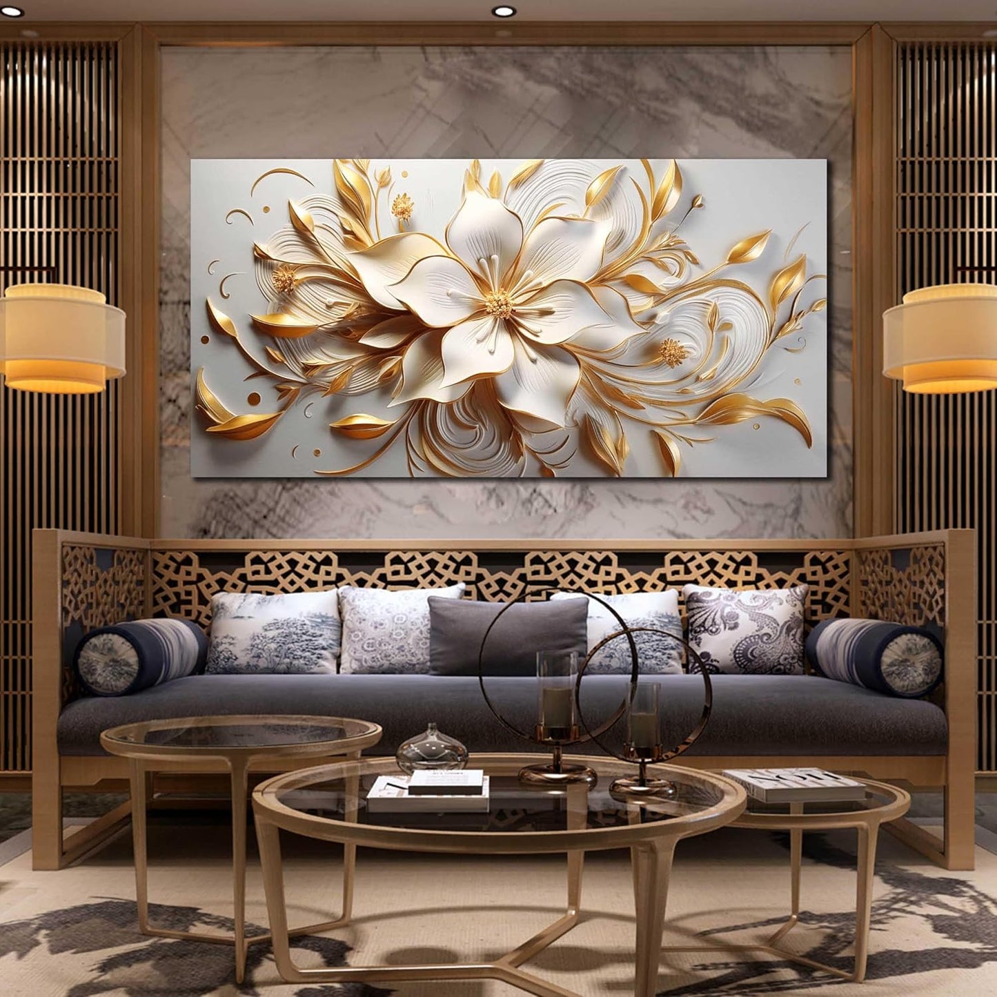 Flower Canvas Wall Art for Bedroom White and Gold Wall Decor for Living Room Wall Art for Dining Room Large Size 29" x 58"