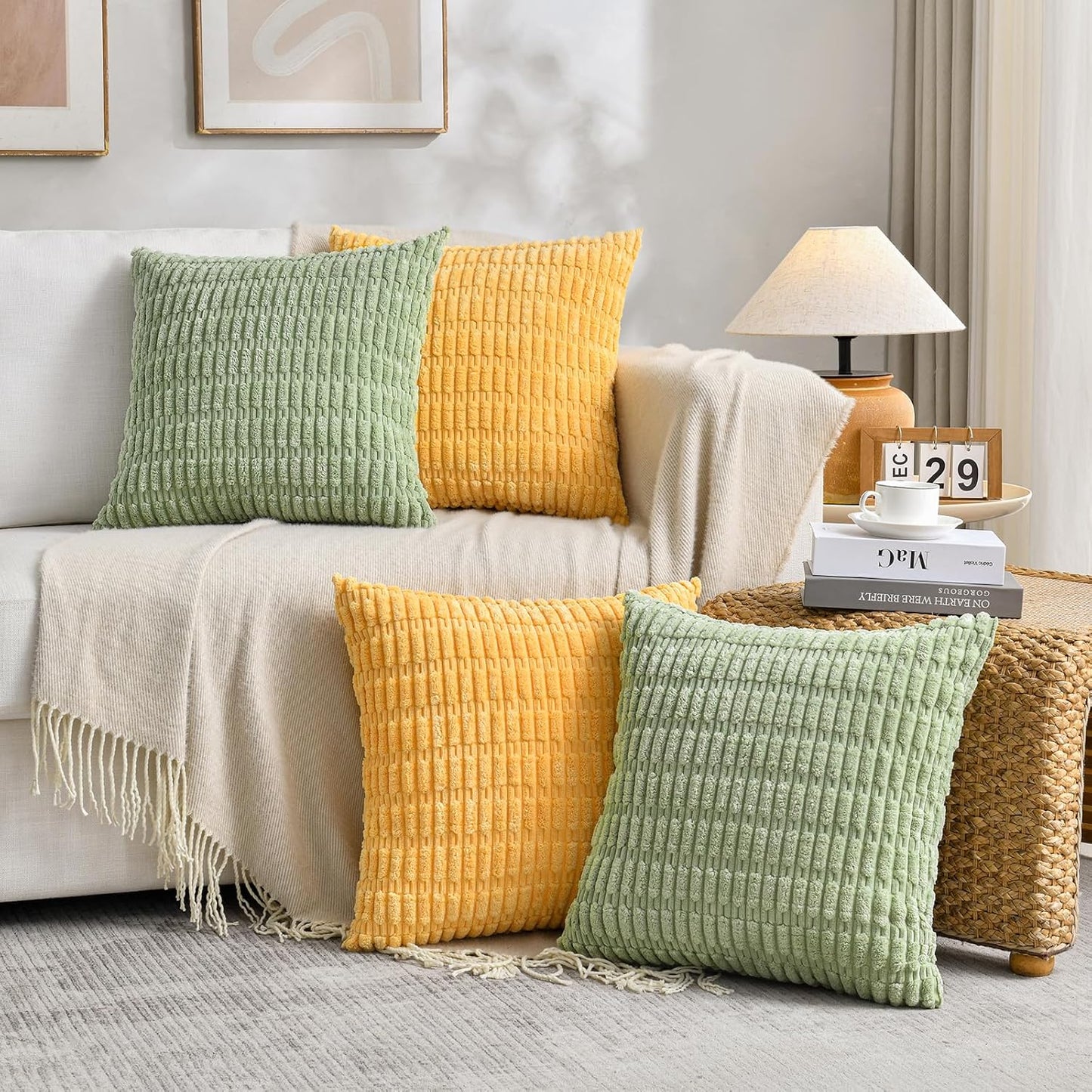 Fancy Homi Set of 4 Spring Boho Decorative Throw Pillow Covers 16x16 Inch for Couch Bed Sofa, Sage Green Yellow Room Decor, Soft Fuzzy Fluffy Cozy Corduroy Textured Cushion Case 40x40cm