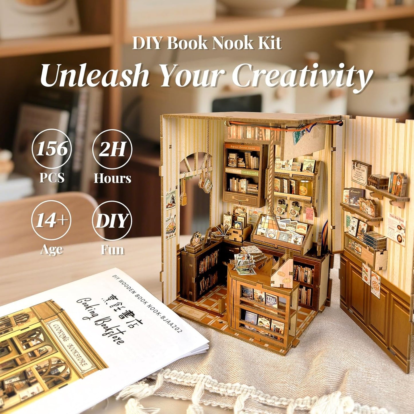 CUTEBEE Book Nook Kit - DIY Miniature House Dollhouse Kit for Adults and Teens, Booknook Tiny House Bookshelf Decor 3D Wooden Puzzle, Gifts for Family, Friends (Cooking Bookstore)