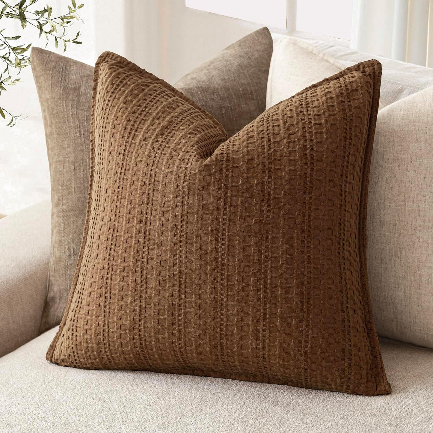 Foindtower Set of 2 Decorative Cotton Waffle Weave Throw Pillow Covers Euro Shams Cushion Covers Accent European Pillowcase for Bed Couch Sofa Bedroom Living Room Home Decor 24×24 Inch Orange Brown