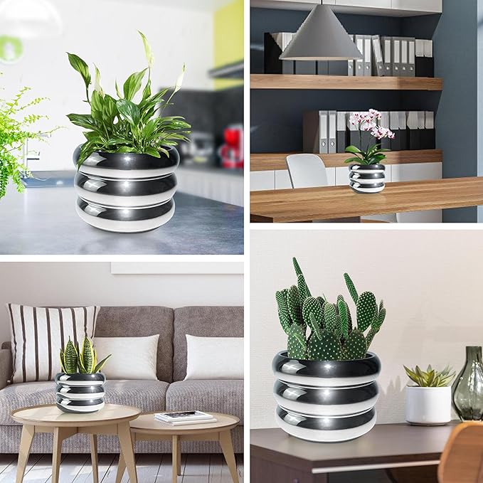 4.7 Inch Modern Plant Pot Silver Ceramic Glaze Succulent Planters for Indoor Unique Pots, Planter with Drainage Holes Small Bubble Porcelain for Herb Snake Plants