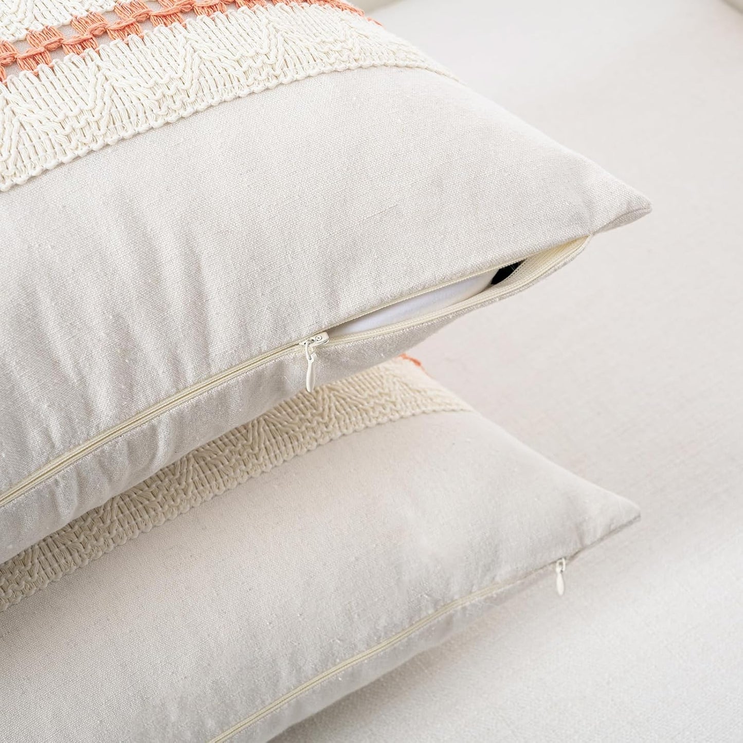 Fancy Homi Set of 1 Boho Coral Decorative Throw Pillow Cover 18x18 Inch for Couch Bed Sofa, Aesthetic Modern Organic Farmhouse Home Decor, Soft Cotton Cute Accent Macrame Woven Cushion Case