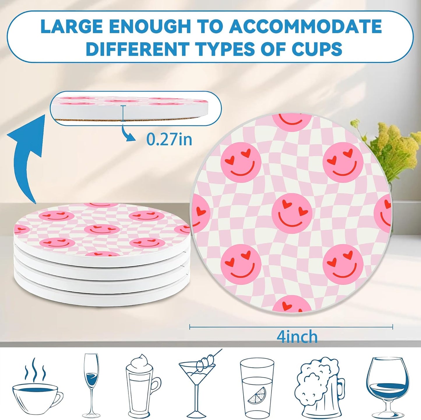 Coasters Set of 4, Pink Round 4" Ceramic & Cork Coasters, Absorbent, Ideal for Table Home Decor & Gifts