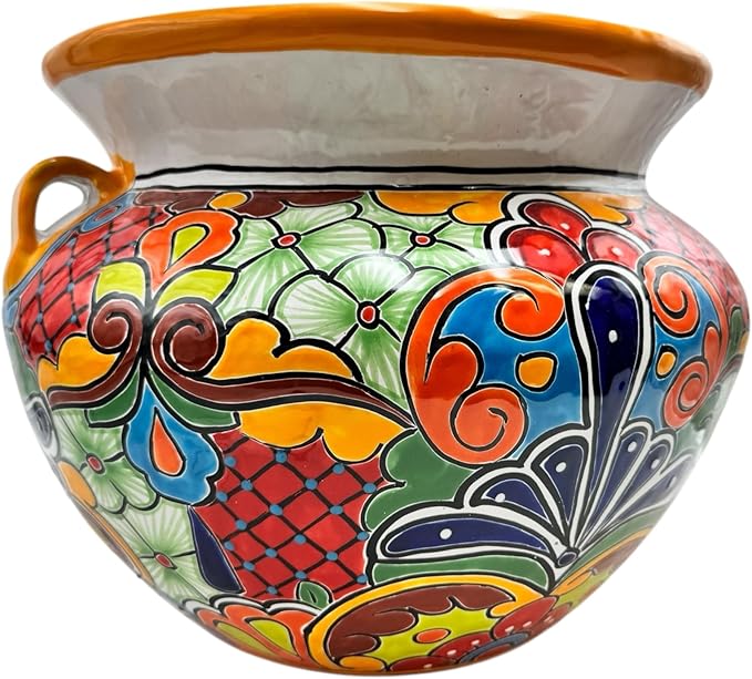 Talavera Michoacana Planter XL Pot Folk Art Multicolor Mexican Pottery Home Decor Hand Painted Garden Indoor Handmade Outdoor 18.5" (Yellow Multicolor)
