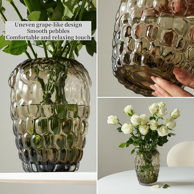 Grape Bubble Glass Vase for Flowers, Large Vintage and Clear Black Colored Smoke Glass Vases for Modern Home Decor (Crystal Grey 6.5" W X8.7 H)