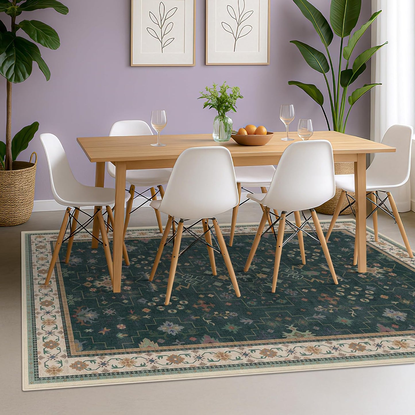 Dark Green Oushak 5x8 Living Room Rug - Modern Vintage Boho Eclectic Floral Pastel, Washable Low Pile Non-Slip Large Area Rugs for Nursery Dining Under Table Bedroom Lounge