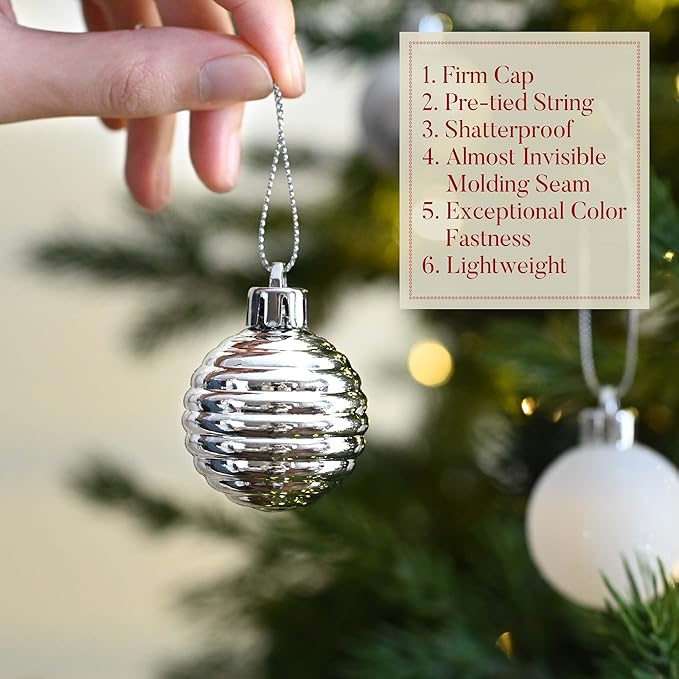 Valery Madelyn 1.57 Inches Small Christmas Tree Decorations Ornament Set for Fall Halloween, 24ct White and Silver Shatterproof Hanging Ball Ornaments Holiday Party Decor