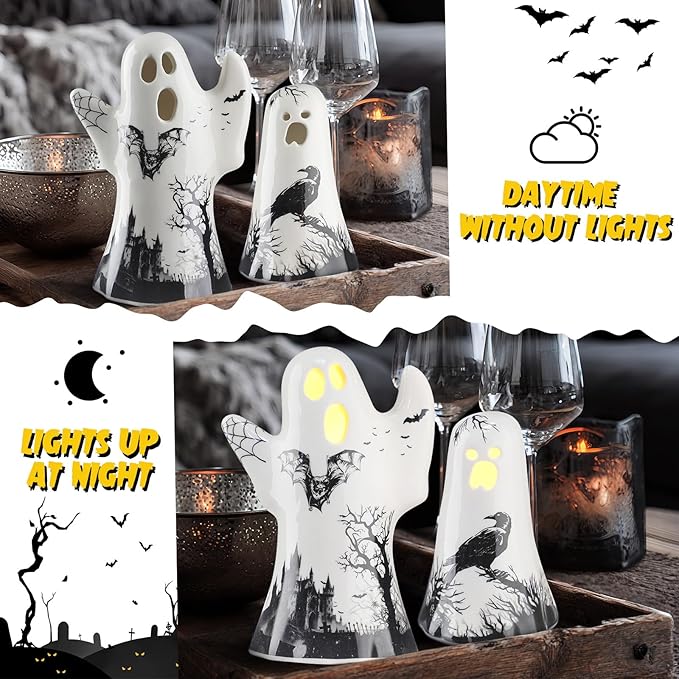 3 Pcs Ceramic Ghost Light up Decor Halloween Spooky Ghost Skull Decorations Indoor Gothic Vintage White Spider Web, Crow Raven Tabletop Decorations for Home Figurines Holiday Party
