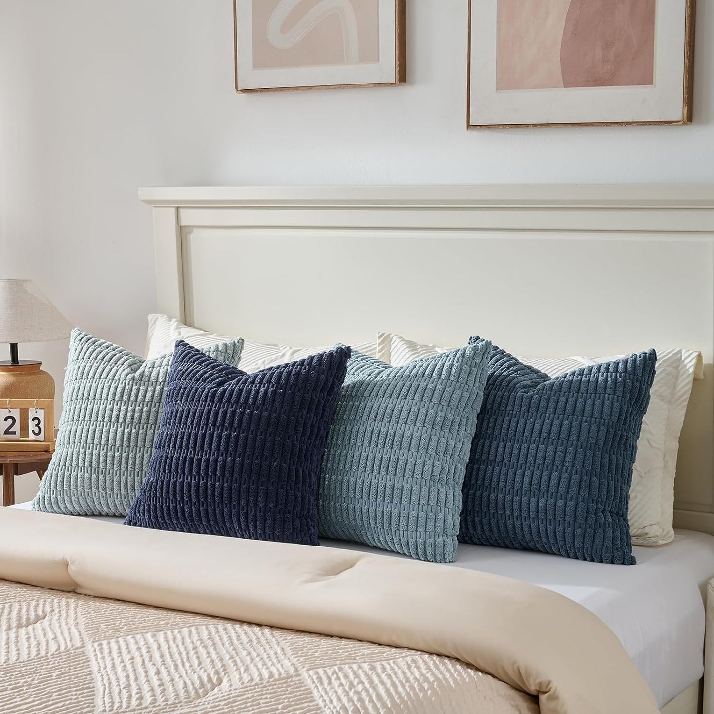 Fancy Homi Set of 4 Blue Boho Decorative Throw Pillow Covers 26x26 Inch for Couch Bed Sofa, Aesthetic Modern Bohemian Room Decor, Fuzzy Fluffy Cozy Corduroy Textured Coastal Blue Cushion Case 66x66cm