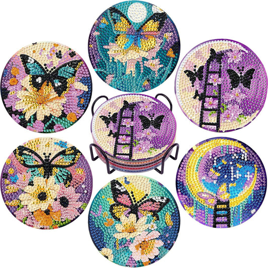 DOTSOPS 6 Pcs Diamond Art Kits for Adults - Diamond Art Coasters with Holder for Adults Beginners Diamond Craft for Christmas Birthday(Butterfly Moon)