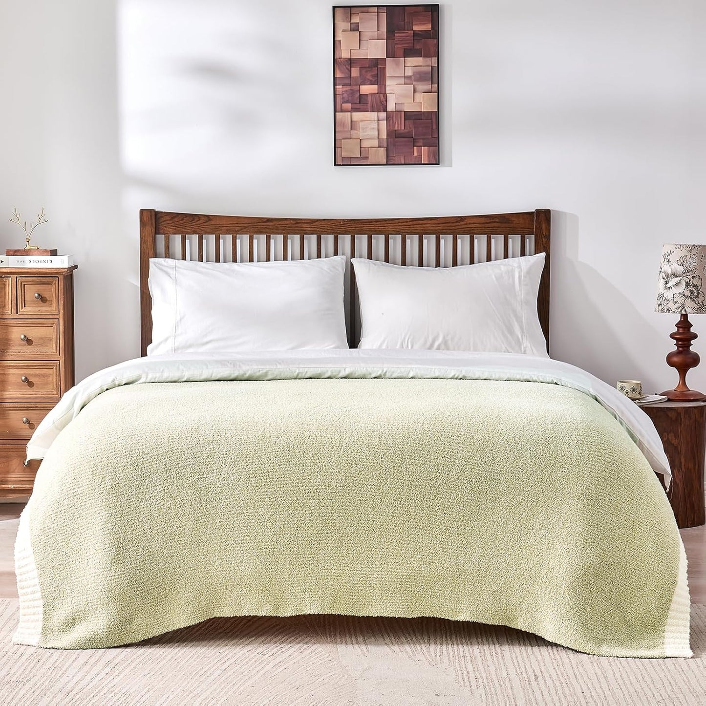 CozeCube Super Soft Fullfy Microfiber Reversible Knitted Blankets, Warm Cozy Fuzzy Plush Throw, Sage Green and White Melange Throw Blanket for Couch Bed Sofa, 50" x 60"