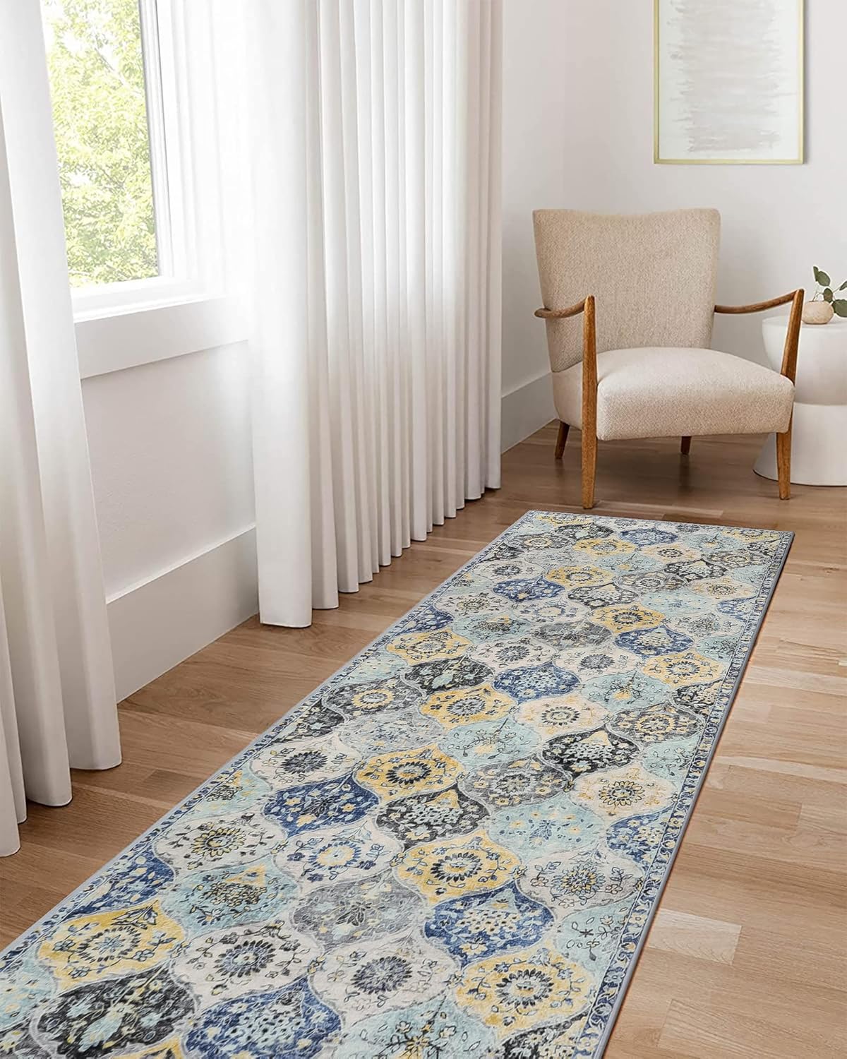Lahome Moroccan Washable Hallway Runner Rug, 2'5''x8' Ultra-Thin Carpet Runners for Hallways Kitchen, Oriental Vintage Non-Slip Laundry Room Rug for Entryway Bedroom Bathroom, Yellow/Aqua