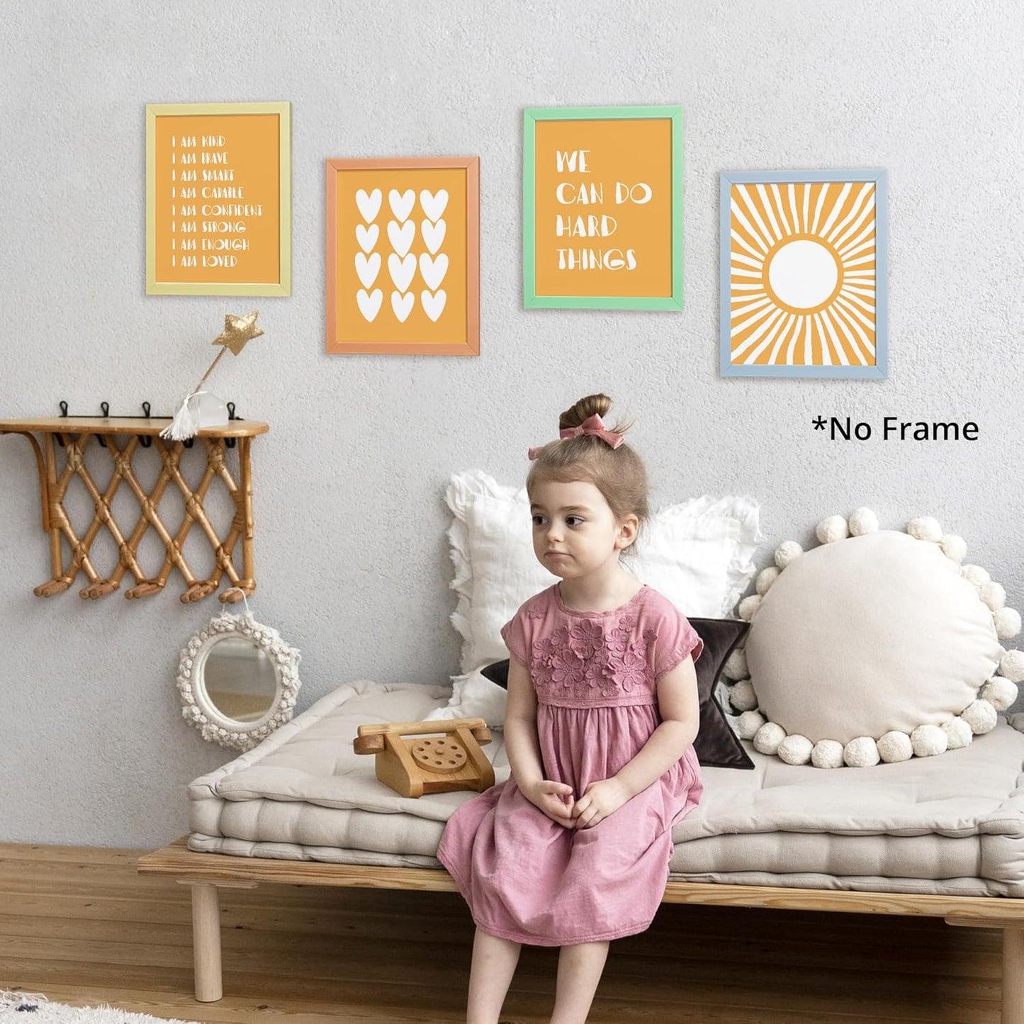 I am Kind Brave Smart Affirmations Orange Sun Sunshine Hearts Poster Prints for Girls Kids Room Playroom Decor,Girl Nursery Decorations Prints Wall Art Unframed 4pcs 8x10inches,Girls Kids Gifts