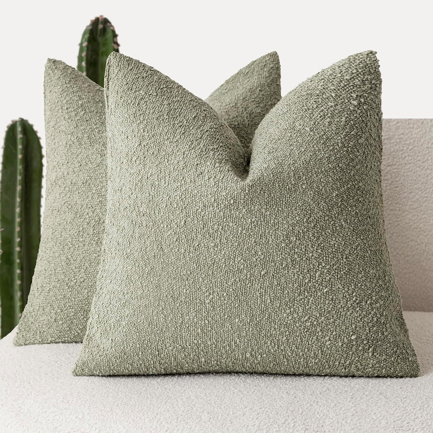 Foindtower Set of 2, Decorative Textured Boucle Throw Pillow Covers Accent Solid Pillow Cases Neutral Soft Couch Cushion Case for Chair Sofa Bedroom Living Room Home Decor 24x24Inch Dirty Sage Green