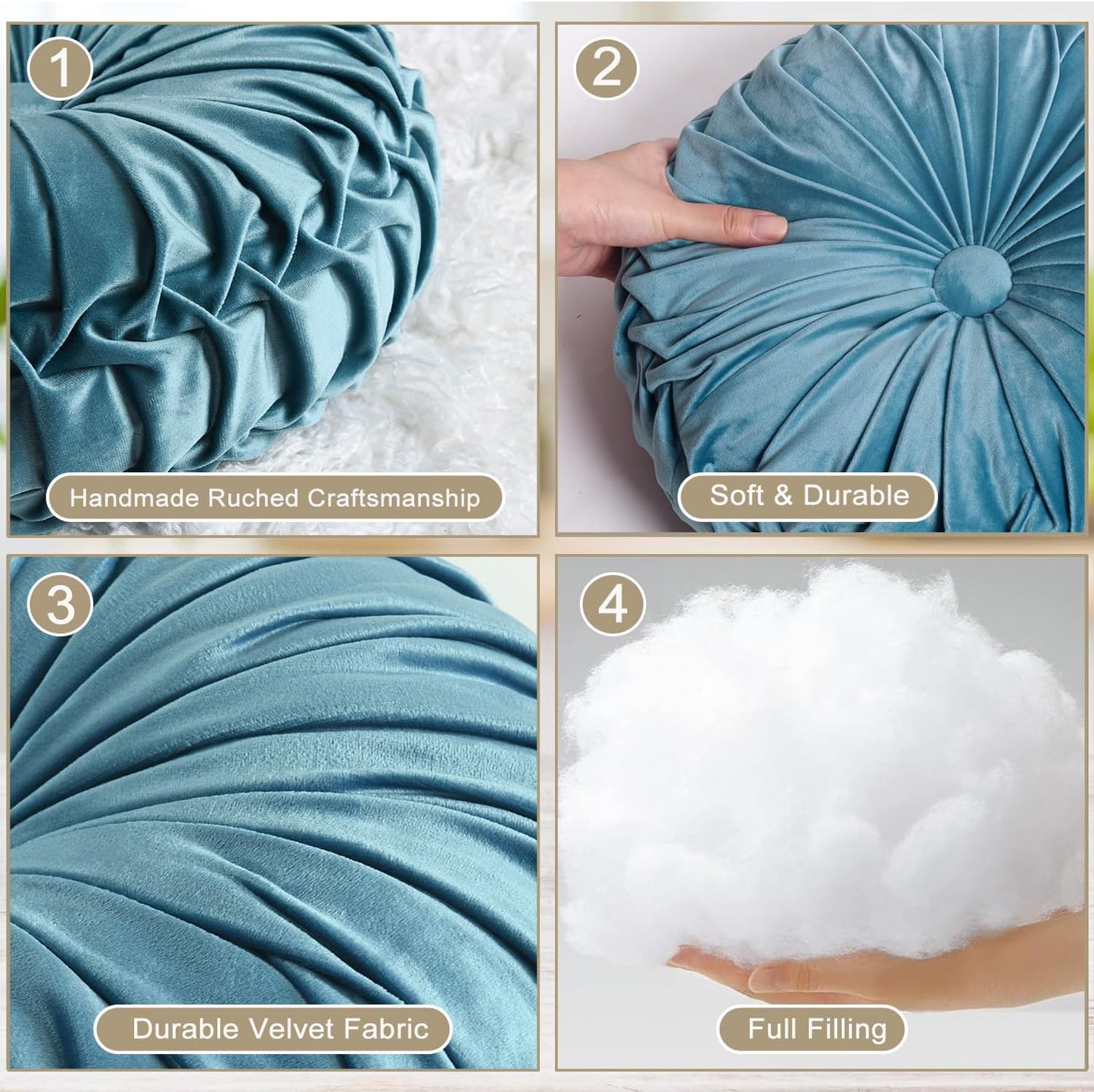 HIG Set of 2 Dusty Blue Ruched Velvet Round Throw Pillows – 14.5’’ Decorative Pillows with Soft Polyester Filling for Couch, Bed, Living Room, Bedroom, or Dorm – Handmade, Stress Relieving, All-Season