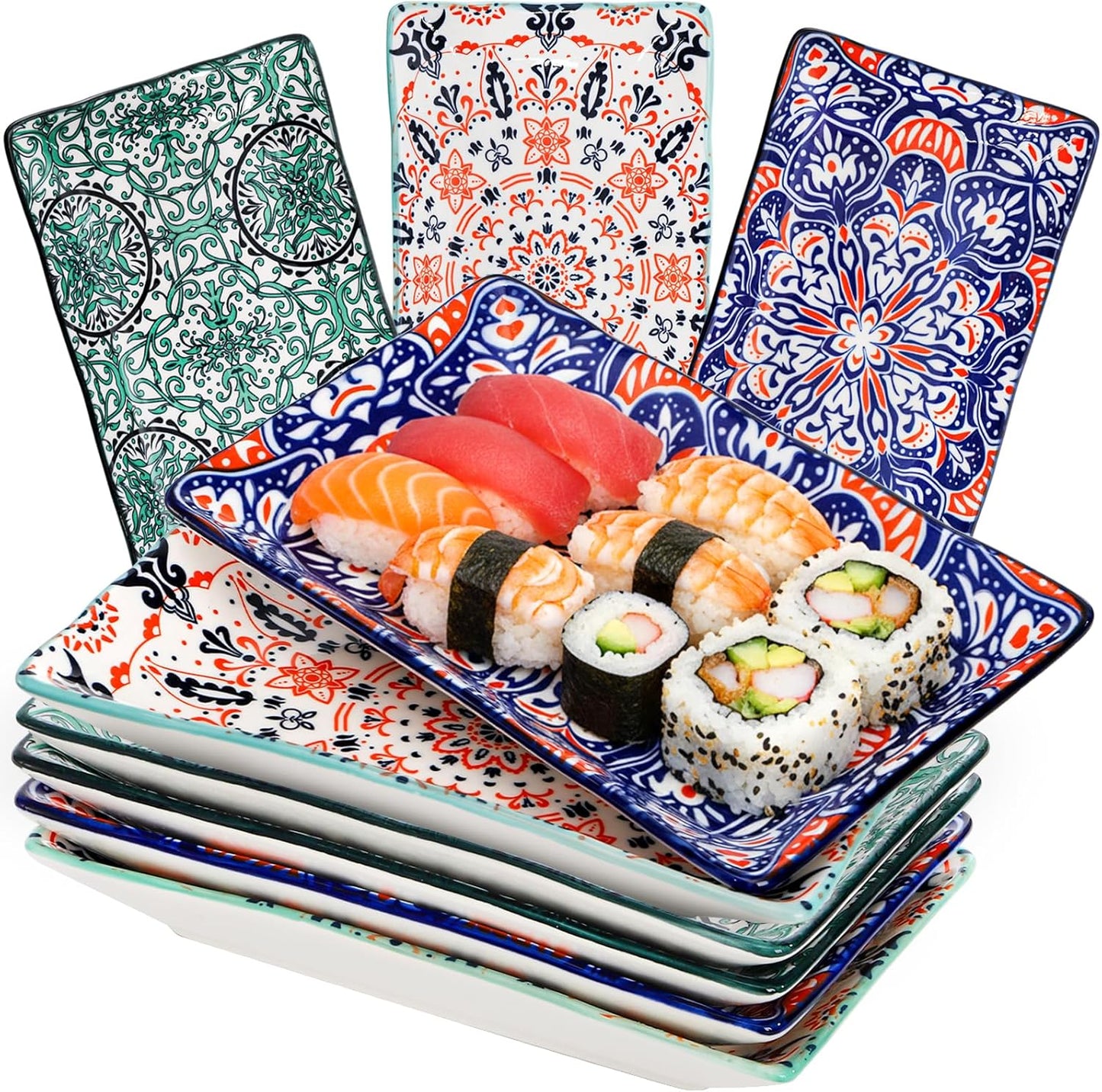 Goaste 6 Pack Ceramic Rectangular Dessert Plates, 8.5 Inch Colorful Salad Plates Set, Porcelain Serving Platter Trays for Appetizer, Sushi, Fruit, Cake, Microwave Oven Dishwasher Safe, Assorted Colors