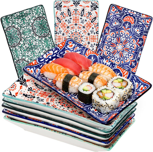 Goaste 6 Pack Ceramic Rectangular Dessert Plates, 8.5 Inch Colorful Salad Plates Set, Porcelain Serving Platter Trays for Appetizer, Sushi, Fruit, Cake, Microwave Oven Dishwasher Safe, Assorted Colors