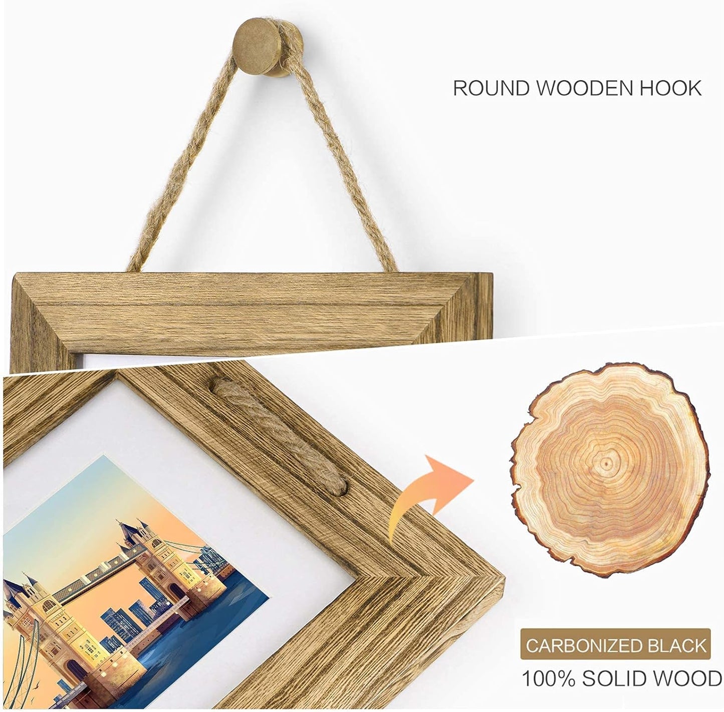 DLQuarts 5x7 Hanging Picture Frames Collage Wall Decor, 4-Opening 5x7 Matted to 3.5x5 Photo Rustic Wood Frame with Hemp Rope, 1 Pack, Carbonized Brown