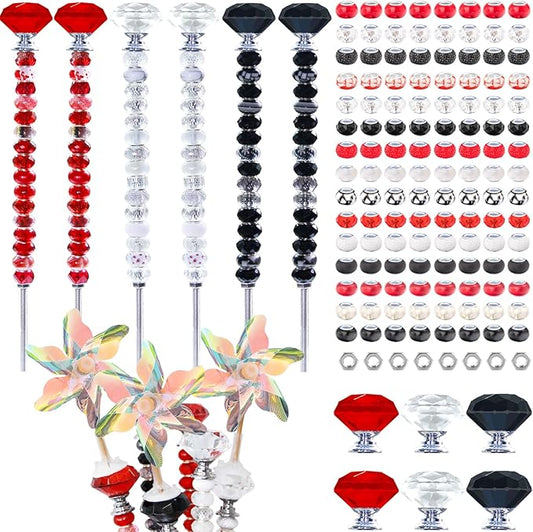 148 PCS Beaded Garden Stakes Kit, DIY Fairy Wand Garden Stake Beads Kits with Assortment Large Hole Beads 6 Crystal Stopper Top Threaded Rods and 3 Colored Small Windmills for Outdoor Indoor Decor