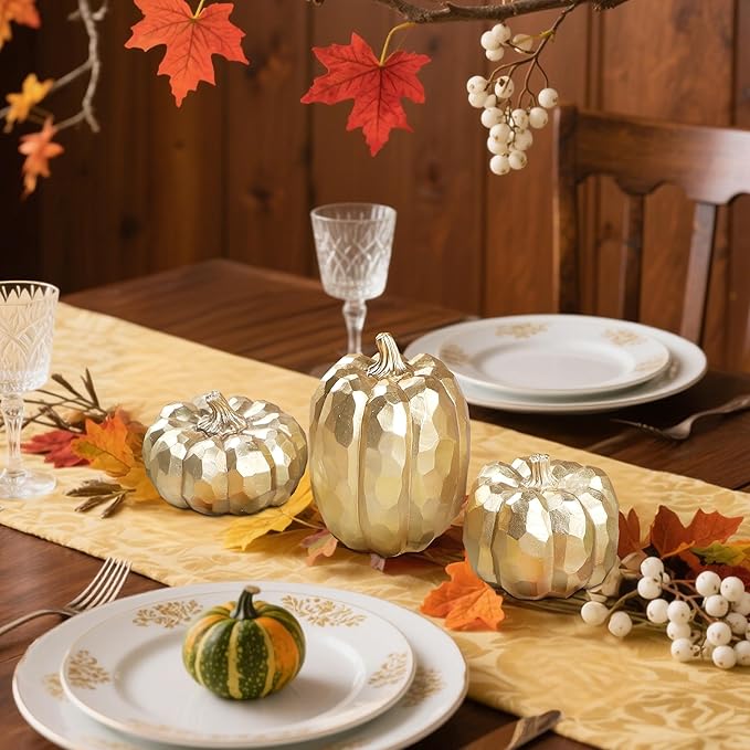 winemana 3 Pack Fall Decor for Home-Gold Pumpkins Thanksgiving Decorations, Table, Fireplace Mantel, Office, Elegant Decorative Pumpkin Autumn Indoor Decor