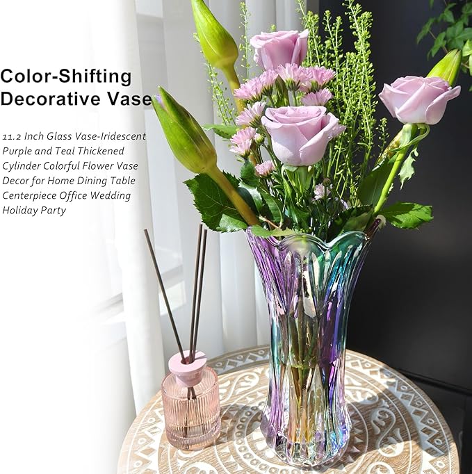 11.2 Inch Glass Vase-Iridescent Purple and Teal Thickened Cylinder Colorful Flower Vase Decor for Home Dining Table Centerpiece Office Wedding Holiday Party