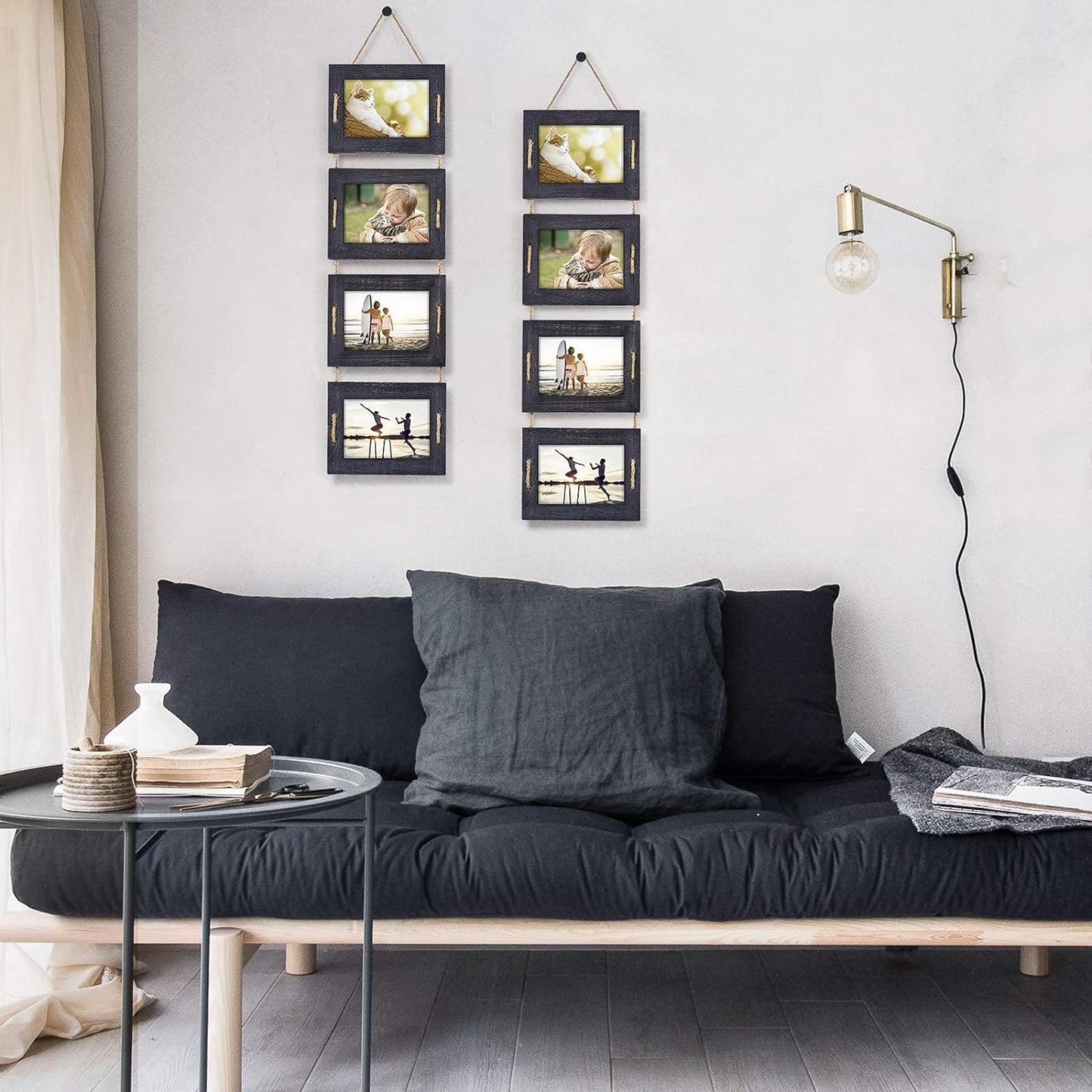 DLQuarts 5x7 Hanging Collage Picture Frames Wall Decor, 4-Opening 5x7 Matted to 3.5x5 Photo Rustic Wood Frame with Hemp Rope, 2 Pack, Weathered Black