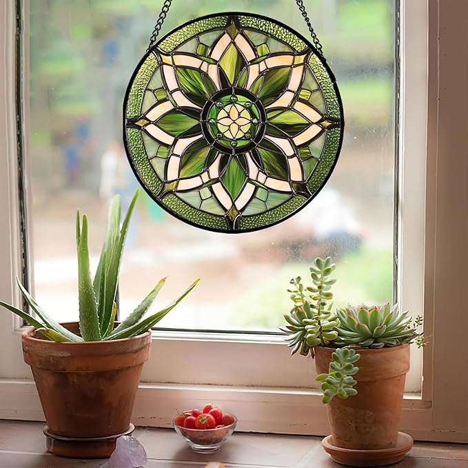 Stained Glass Window Hanging - White Green Boho Flower Suncatcher for Doors Window Home Sun Catchers Decor Christmas Mother's Day Birthday Gifts for Teacher Women Men Mom Nana 6.3 in
