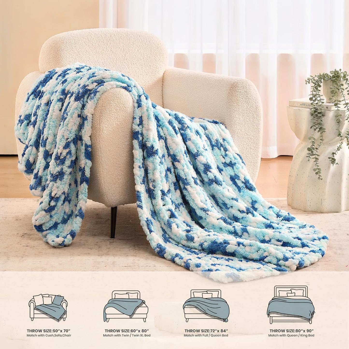 L'AGRATY Chunky Knit Blanket Throw: 60''x80'' Chenille Chunky Knitted Throw Blankets for Twin Bed Couch - Handmade Thick Cable Knit Blanket - Large Crochet Rope Blankets for Home Decor