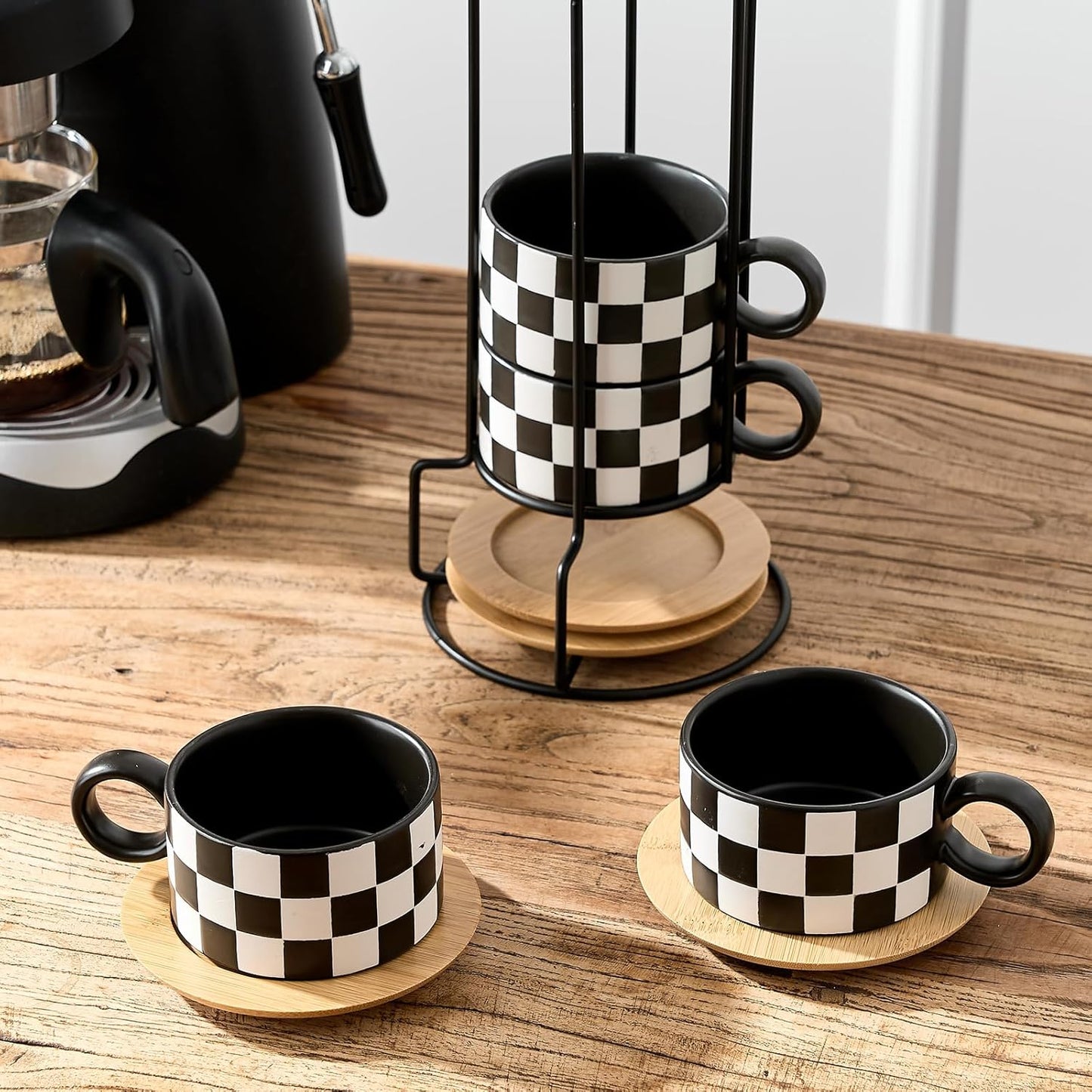 LUKA 6 Ounce Ceramic Stackable Black and White Checkered Espresso Cups with Saucers and Metal Stand Set of 4, Cappuccino Cups Set for Coffee Drinks, Latte, Cafe Mocha and Tea, Black Interior