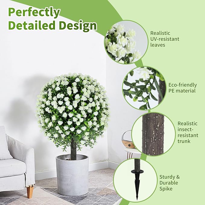 27.2" Artificial White Rose Topiary Set of 2 with Spike, Fake Plants Boxwood Ball Greenery Shrubs, Uv Resistant Push in Flowers Artificial Bushes for Outdoor Front Porch Decor Home Faux Plants Indoor