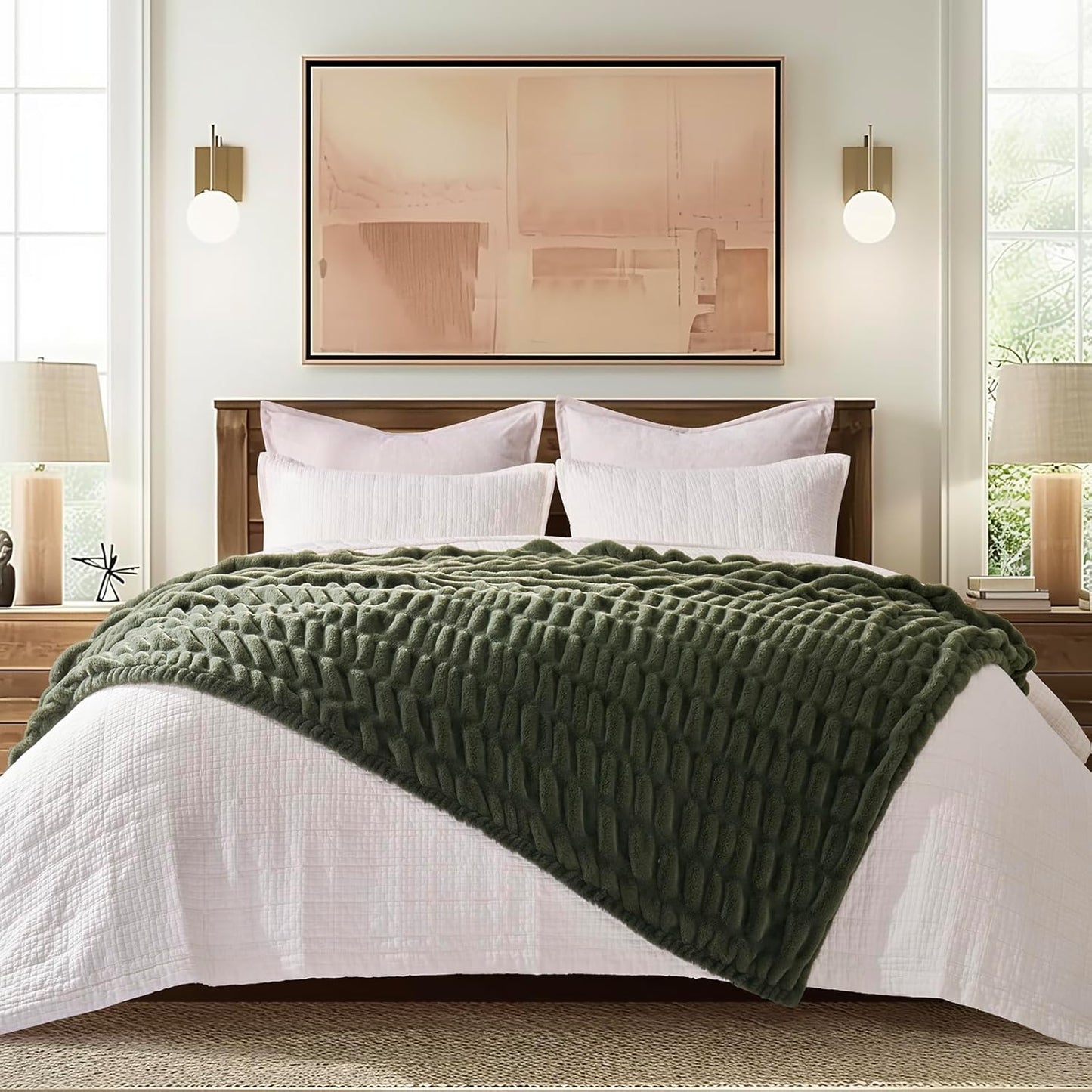 EVERGRACE Luxurious Soft Faux Rabbit Fur Throw Blanket, Cozy Fuzzy Plush Warm Throws for Couch Bed Sofa Chair Home Decor, Ruched Bubble Fluffy Blanket with Reversible Velvet, 60" x 80", Loden Green