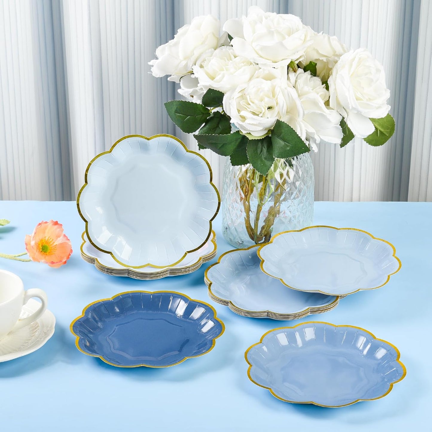 Dusty Blue Party Plates Gradient Blue Dessert Paper Plates 7inch Gold Foil Scalloped Edge Disposable Cake Plates for Tea Party Birthday Bridal Baby Shower Wedding Party Supplies (48)