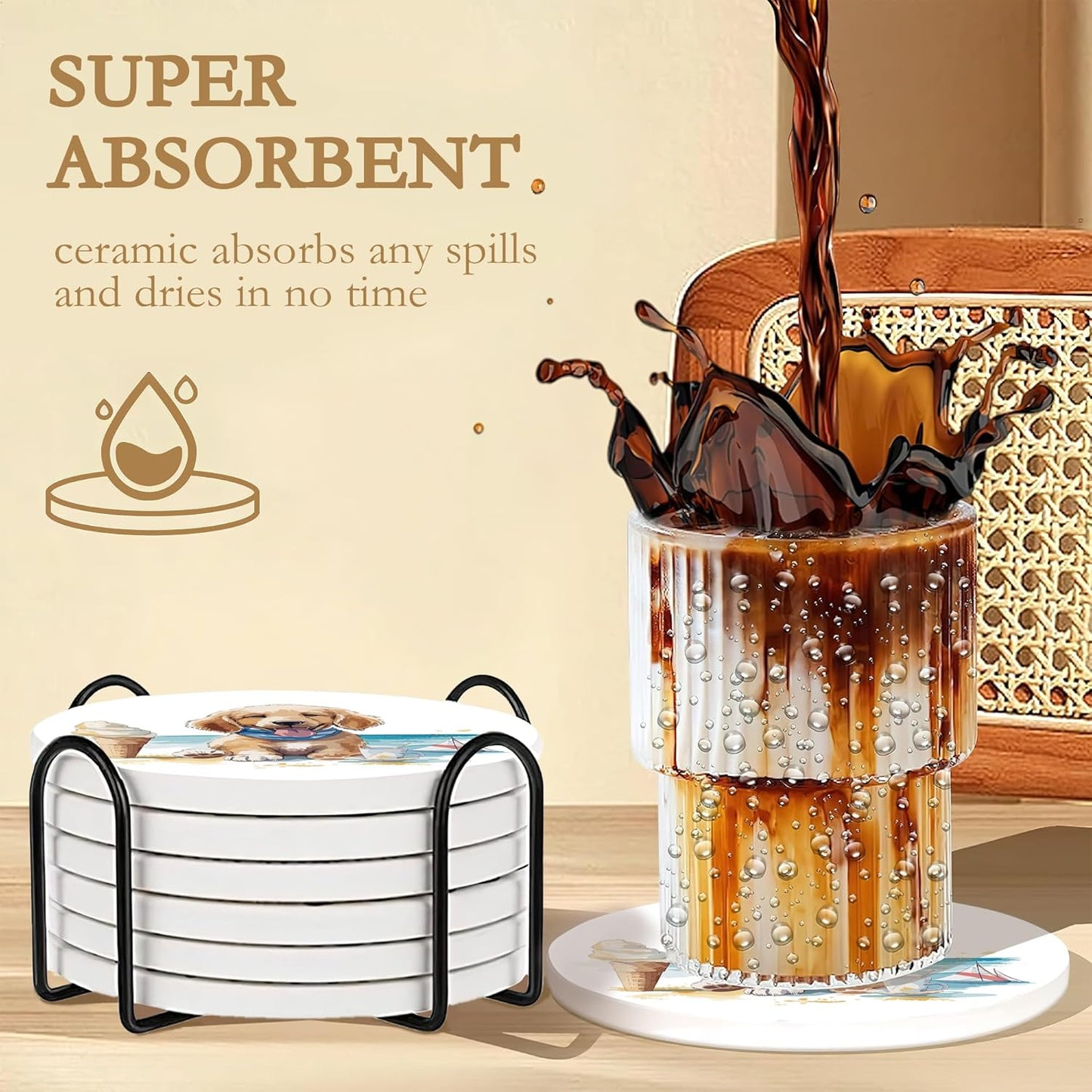 Drink Coasters with Holder,6 Pcs Dog Beach Absorbent Ceramic Drink Pads, Non-Slip Table Protectors for Coffee & Glasses